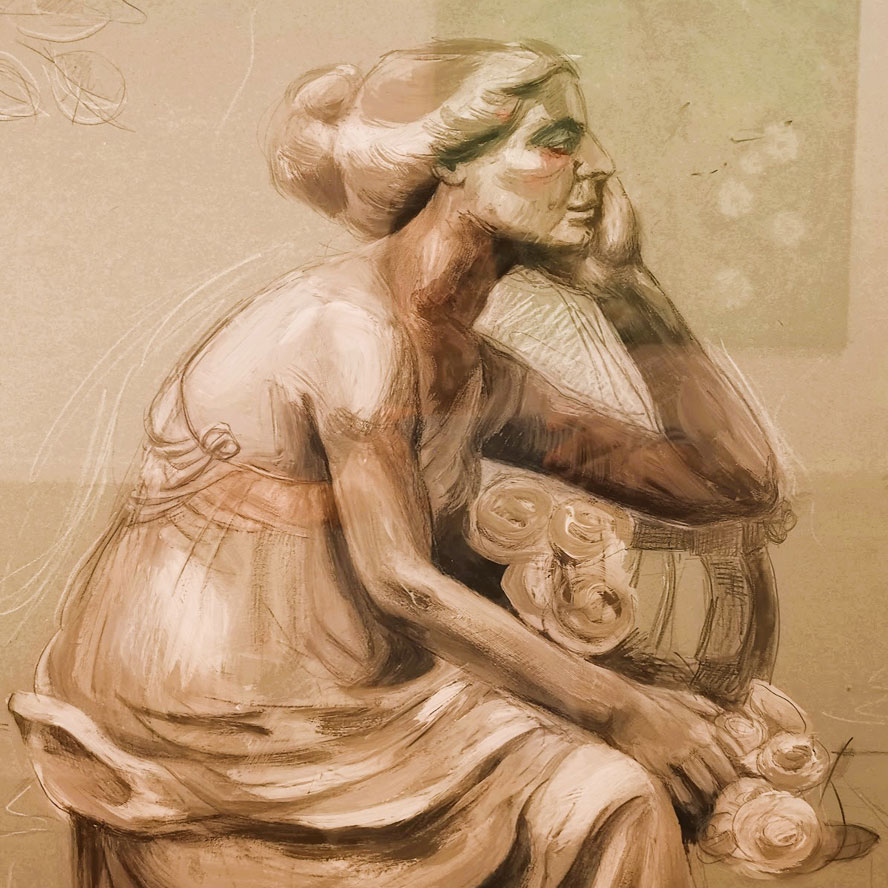 Sitzende Frauenskulptur, Kopf in die linke Hand gestützt